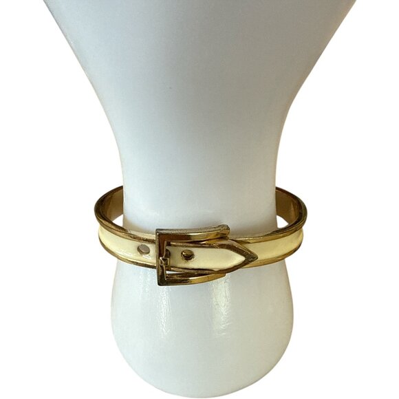 Vintage Gold-Tone Belt Buckle Design Bangle Bracelet With Cream Enamel Accent - Picture 2 of 6